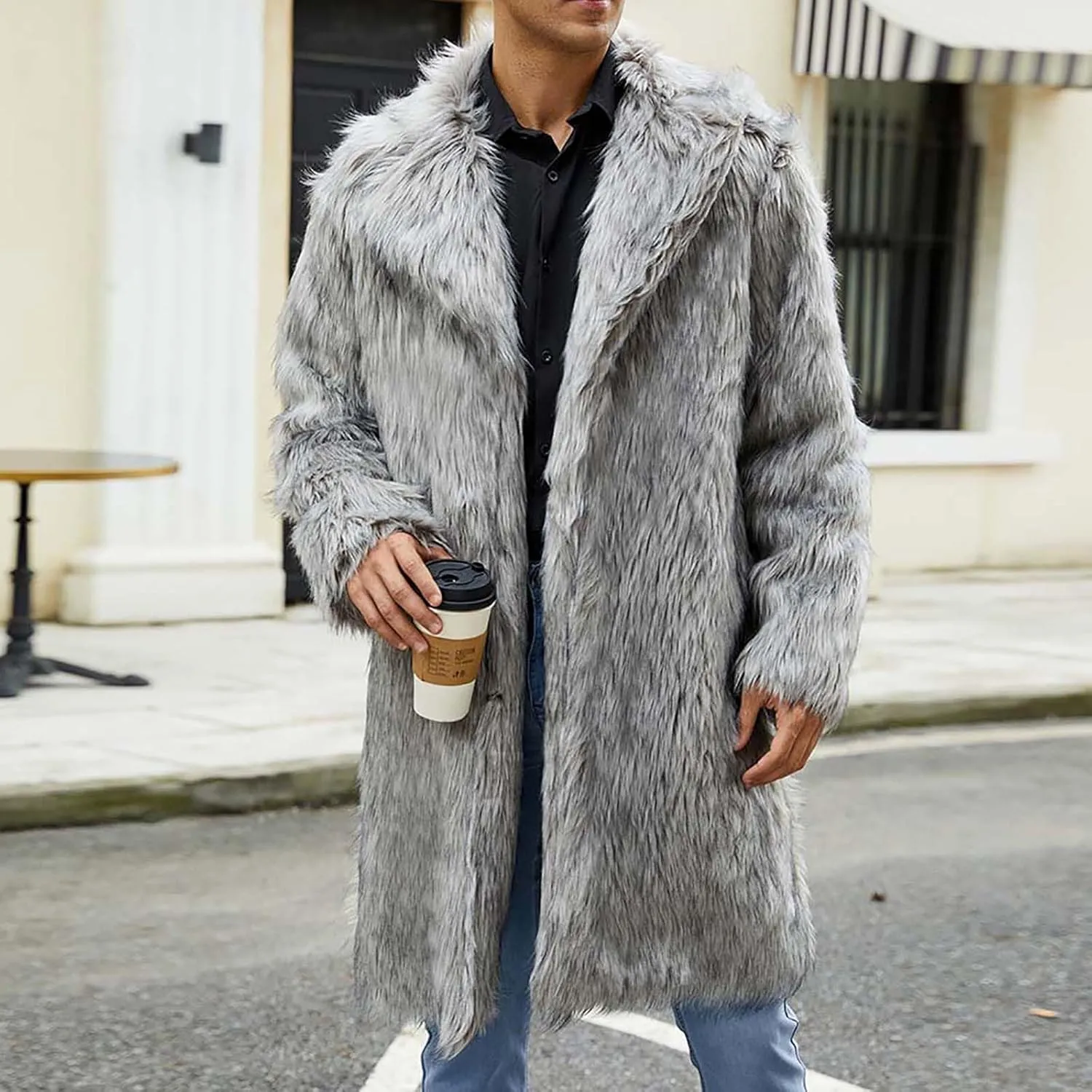 Winter Jackets for Men Long Faux Fur Coat Open Front Cardigan Fuzzy Fleece Jacket Lapel Overcoat Warm Trench Coat