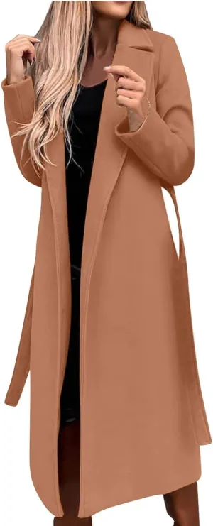 Winter Trench Coat for Women Long Wool Blend Pea Coat Casual Notched Lapel Collar Oversized Overcoat Jacket Outerwear