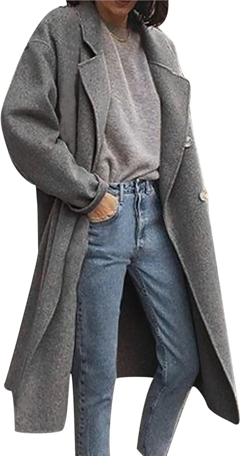 Winter Trench Coats for Women Double Breasted Thick Long Wool Coat Notch Lapel Overcoats Slim Pea Jacket With Belts
