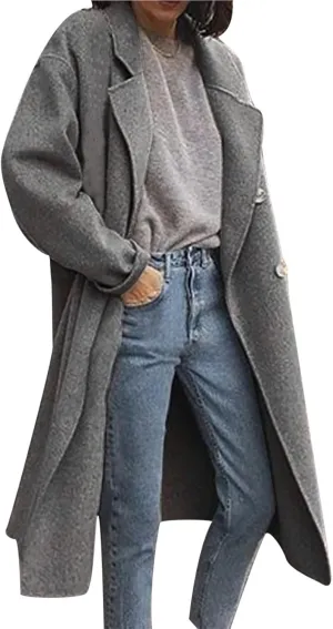 Winter Trench Coats for Women Double Breasted Thick Long Wool Coat Notch Lapel Overcoats Slim Pea Jacket With Belts