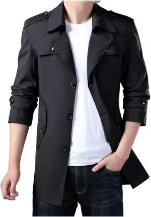 Winter Warm Trench Coats for Men Fashion Lapel Single Breasted Casual Jackets Mid Length Outdoor Windproof Coat