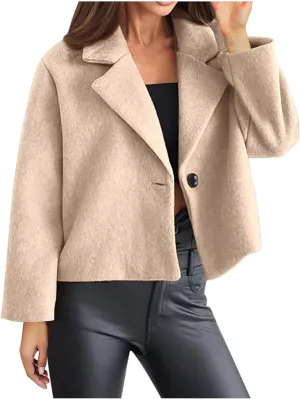 Winter Women Wool Crop Jacket Dressy Long Sleeve Lapel Button Blend Jacket Fall Winter Solid Color Short Pea Coat