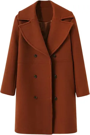 Winter Wool Coats for Women Elegant Double Breasted Mid Length Trench Coat Open Front Notched Collar Over Coat
