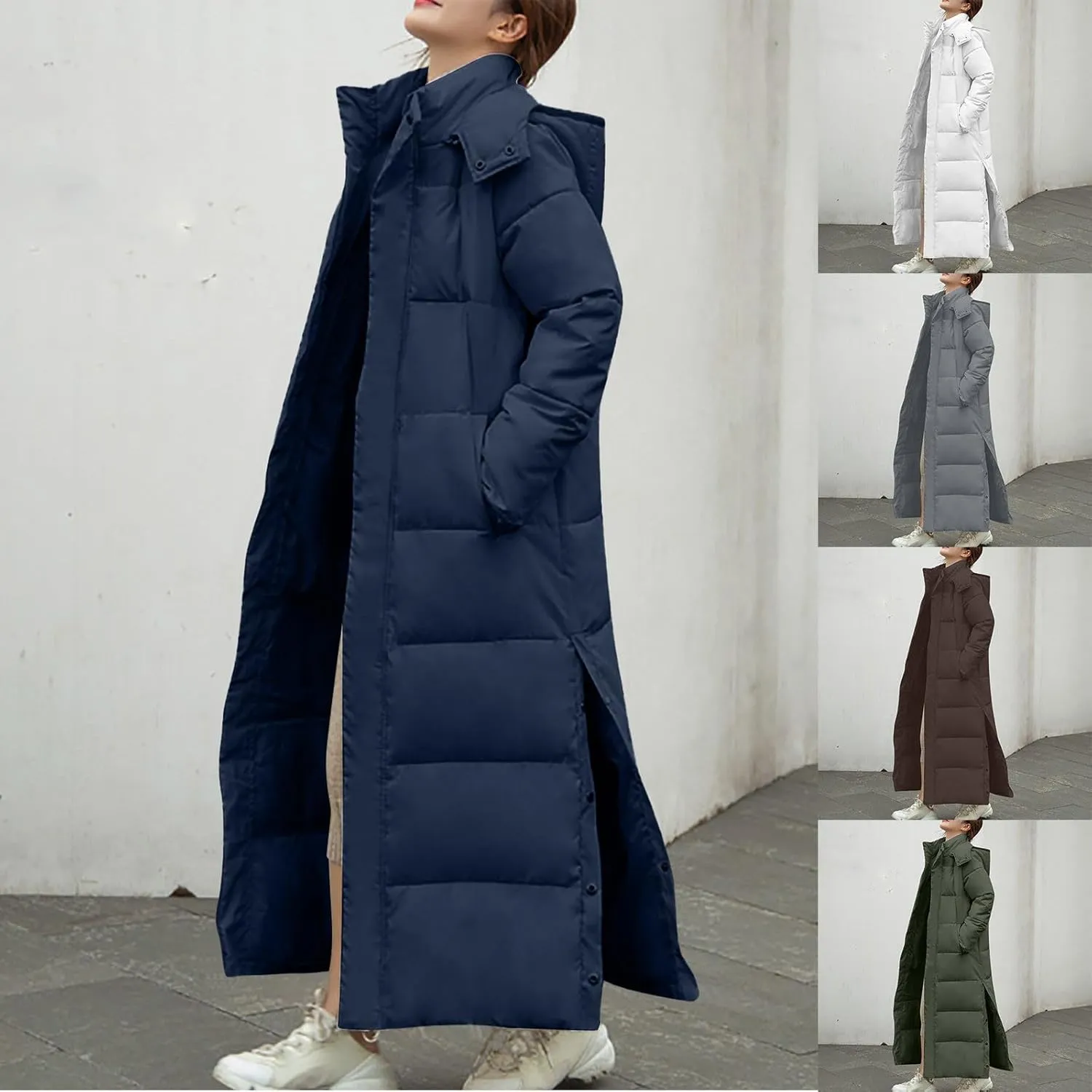 Wkishenl Long Puffer Coat Women Winter Coats Thickened Maxi Parka Jacket Full Zip Knee Length Quilted Outerwear with Hood