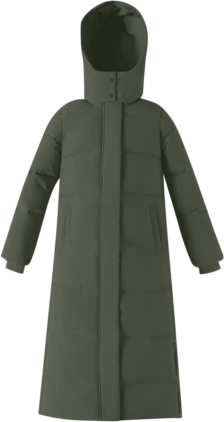 Wkishenl Long Puffer Coat Women Winter Coats Thickened Maxi Parka Jacket Full Zip Knee Length Quilted Outerwear with Hood