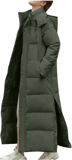 Wkishenl Long Puffer Coat Women Winter Coats Thickened Maxi Parka Jacket Full Zip Knee Length Quilted Outerwear with Hood