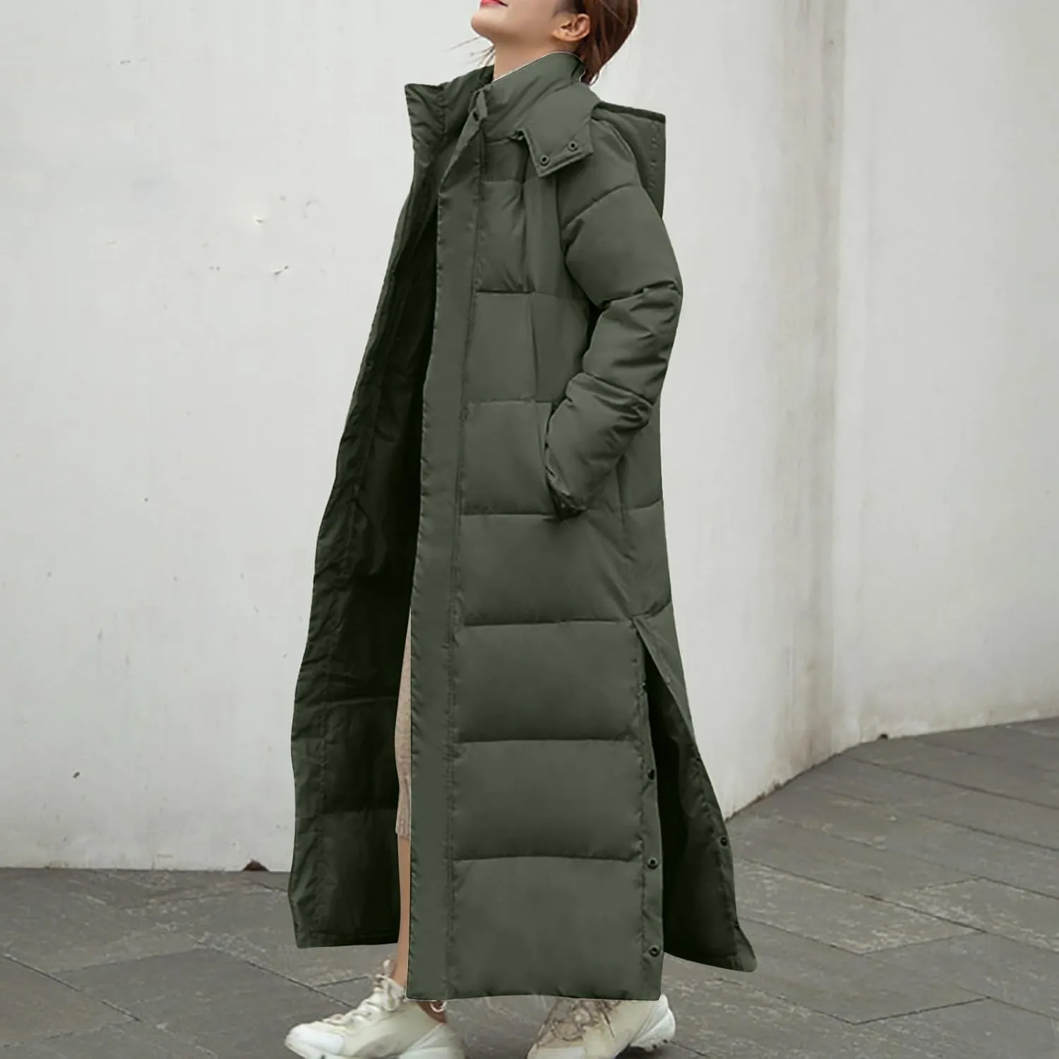 Wkishenl Long Puffer Coat Women Winter Coats Thickened Maxi Parka Jacket Full Zip Knee Length Quilted Outerwear with Hood