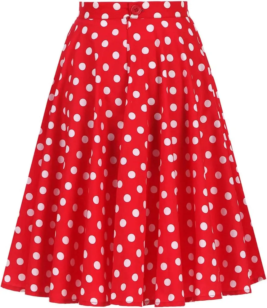 Women 50s Vintage Polka Dot A Line Pleated Midi Skirt Floral Cherry Cocktail Swing Skirt High Waist Knee Length Flared Skirt