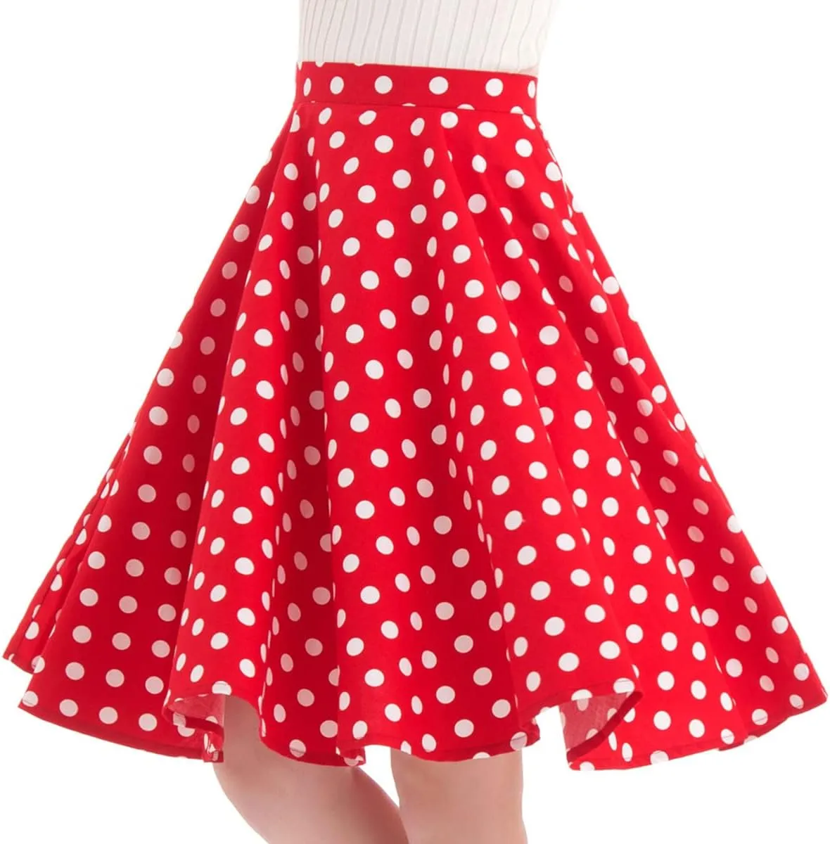 Women 50s Vintage Polka Dot A Line Pleated Midi Skirt Floral Cherry Cocktail Swing Skirt High Waist Knee Length Flared Skirt