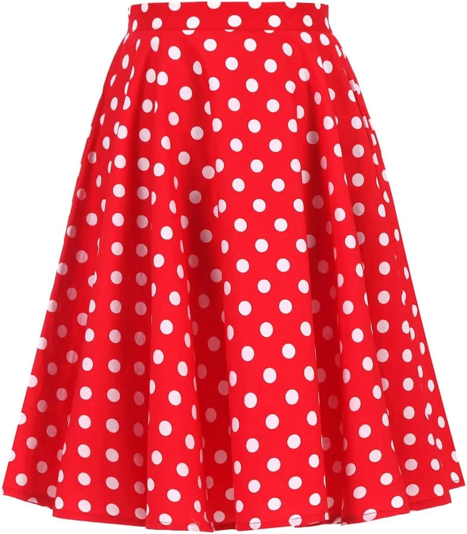 Women 50s Vintage Polka Dot A Line Pleated Midi Skirt Floral Cherry Cocktail Swing Skirt High Waist Knee Length Flared Skirt