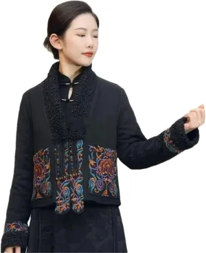 Women Chinese cotton-padded coat female Fall winter Ethnic embroidery v-neck long sleeve button cotton coat