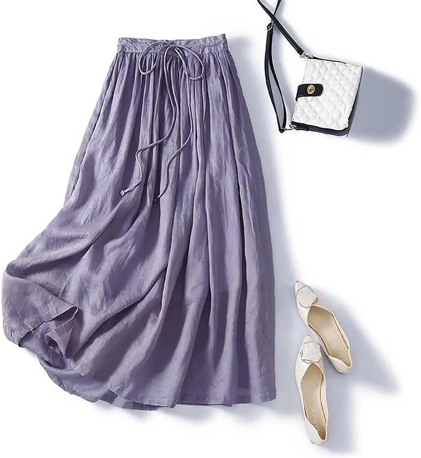 Women Cotton Linen Skirt Summer Drawstring Waist Plain Long Maxi Retro Casual Layered Pleated Flowy Swing Long Skirt