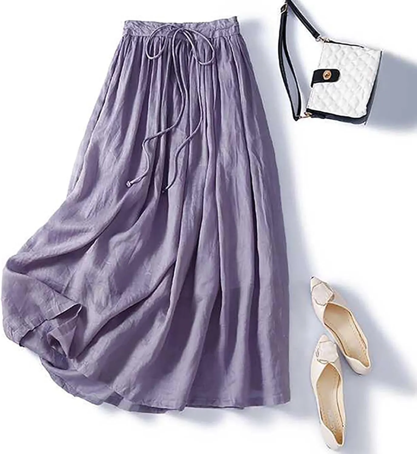 Women Cotton Linen Skirt Summer Drawstring Waist Plain Long Maxi Retro Casual Layered Pleated Flowy Swing Long Skirt