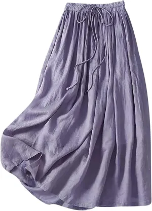 Women Cotton Linen Skirt Summer Drawstring Waist Plain Long Maxi Retro Casual Layered Pleated Flowy Swing Long Skirt