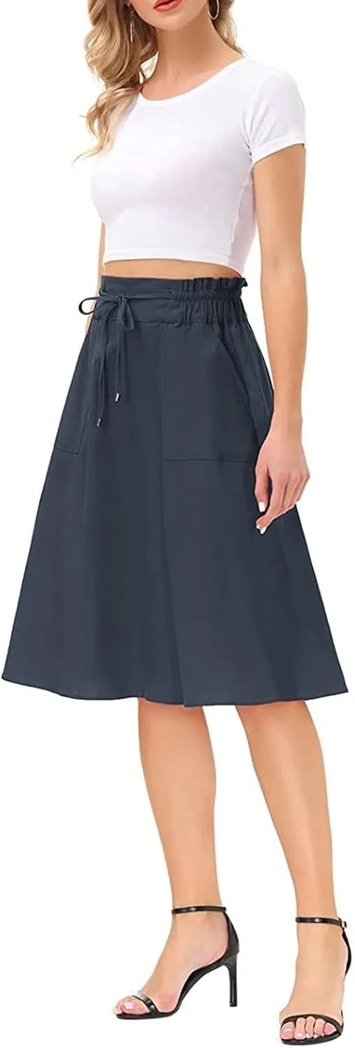 Women Elastic High Waist Boho Maxi Skirt Casual Drawstring A Line Long Skirt Skirt for Women with Pocket