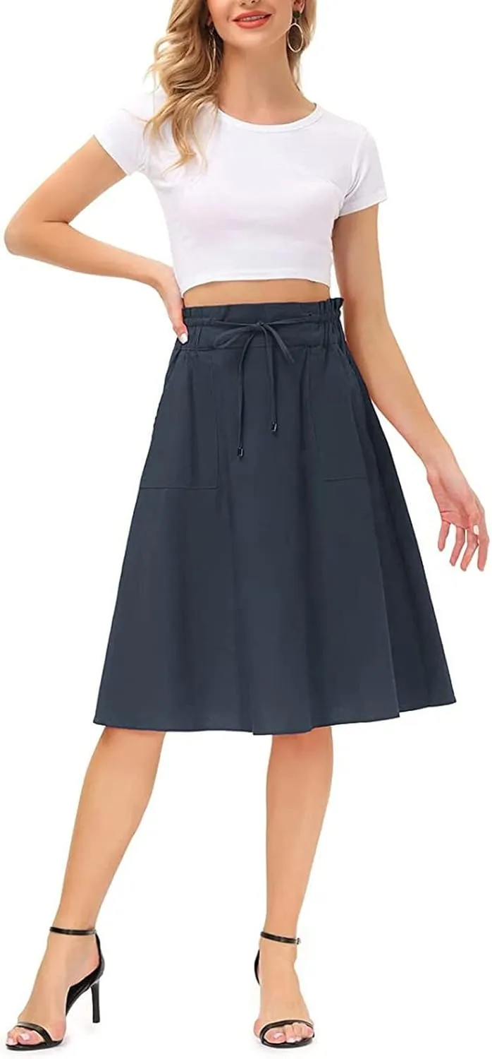 Women Elastic High Waist Boho Maxi Skirt Casual Drawstring A Line Long Skirt Skirt for Women with Pocket