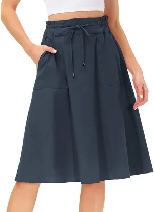 Women Elastic High Waist Boho Maxi Skirt Casual Drawstring A Line Long Skirt Skirt for Women with Pocket