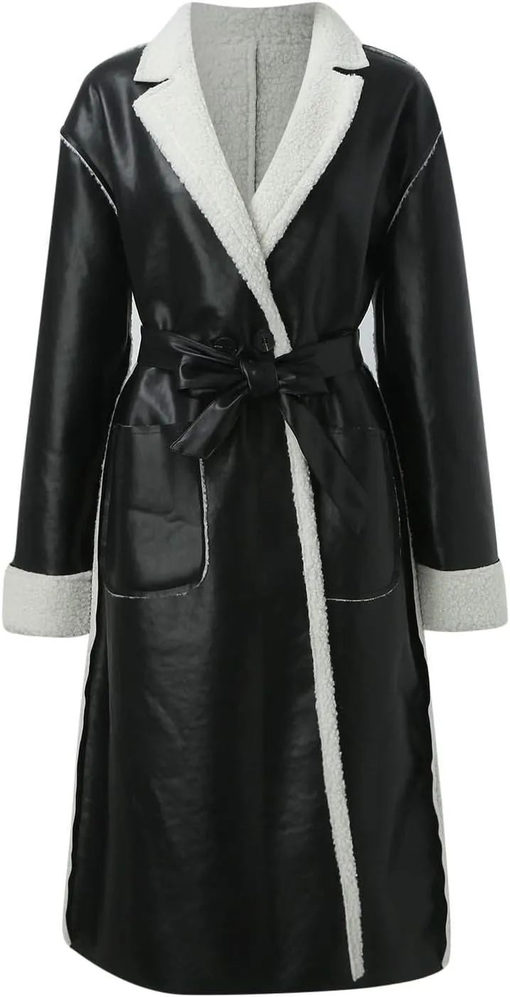 Women Faux Suede Long Trench Coats Fleece Padded Faux Leather Jackets Double-Breasted Warm Winter Long Sherpa Coats