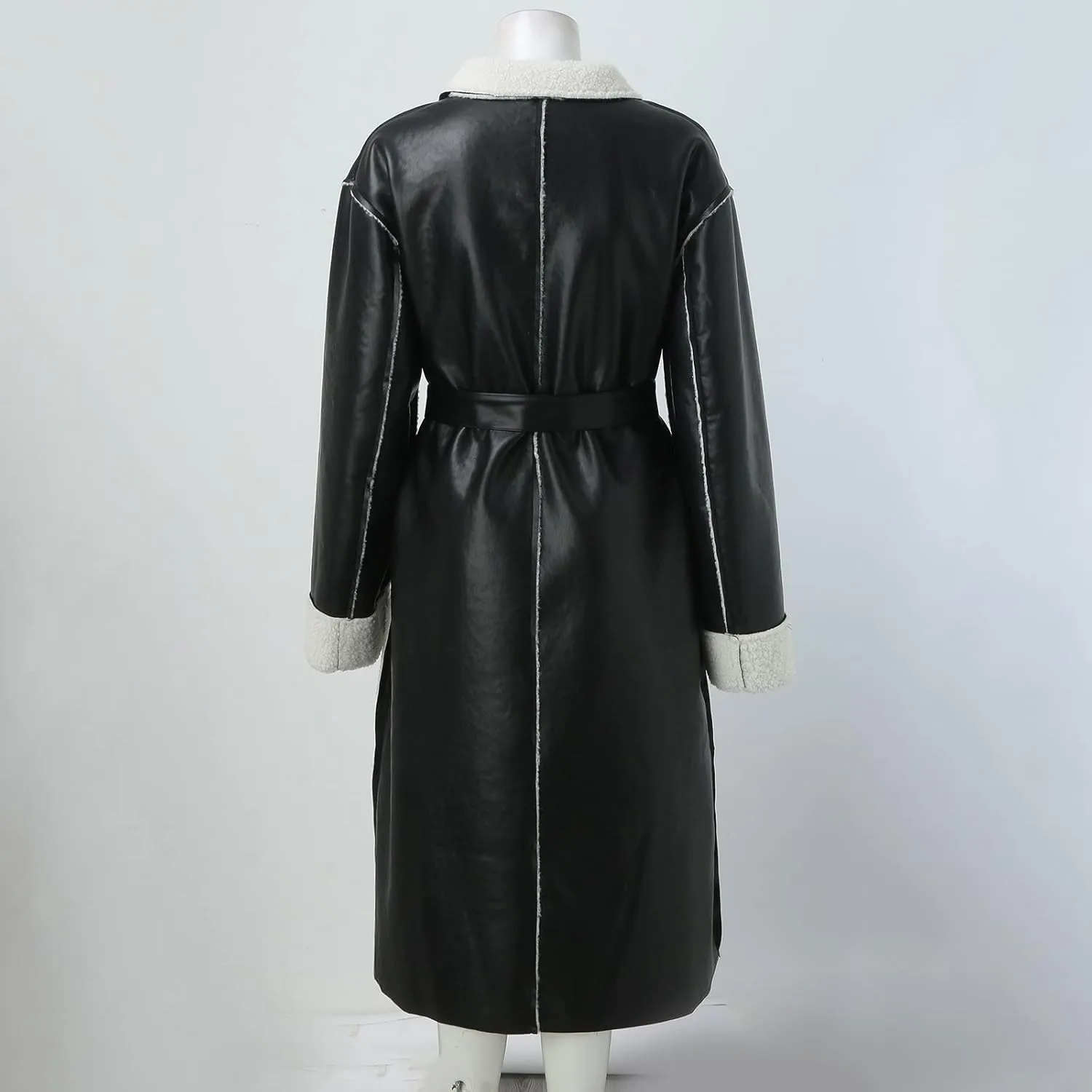Women Faux Suede Long Trench Coats Fleece Padded Faux Leather Jackets Double-Breasted Warm Winter Long Sherpa Coats