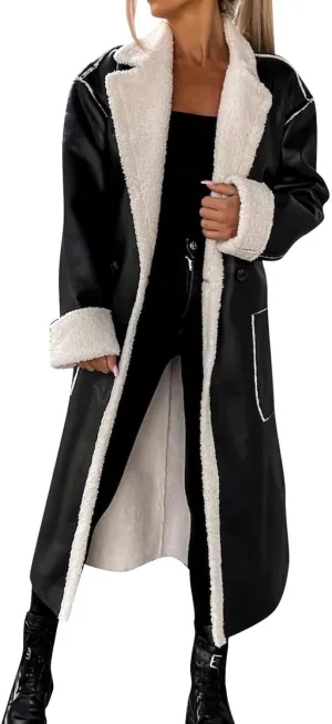 Women Faux Suede Long Trench Coats Fleece Padded Faux Leather Jackets Double-Breasted Warm Winter Long Sherpa Coats