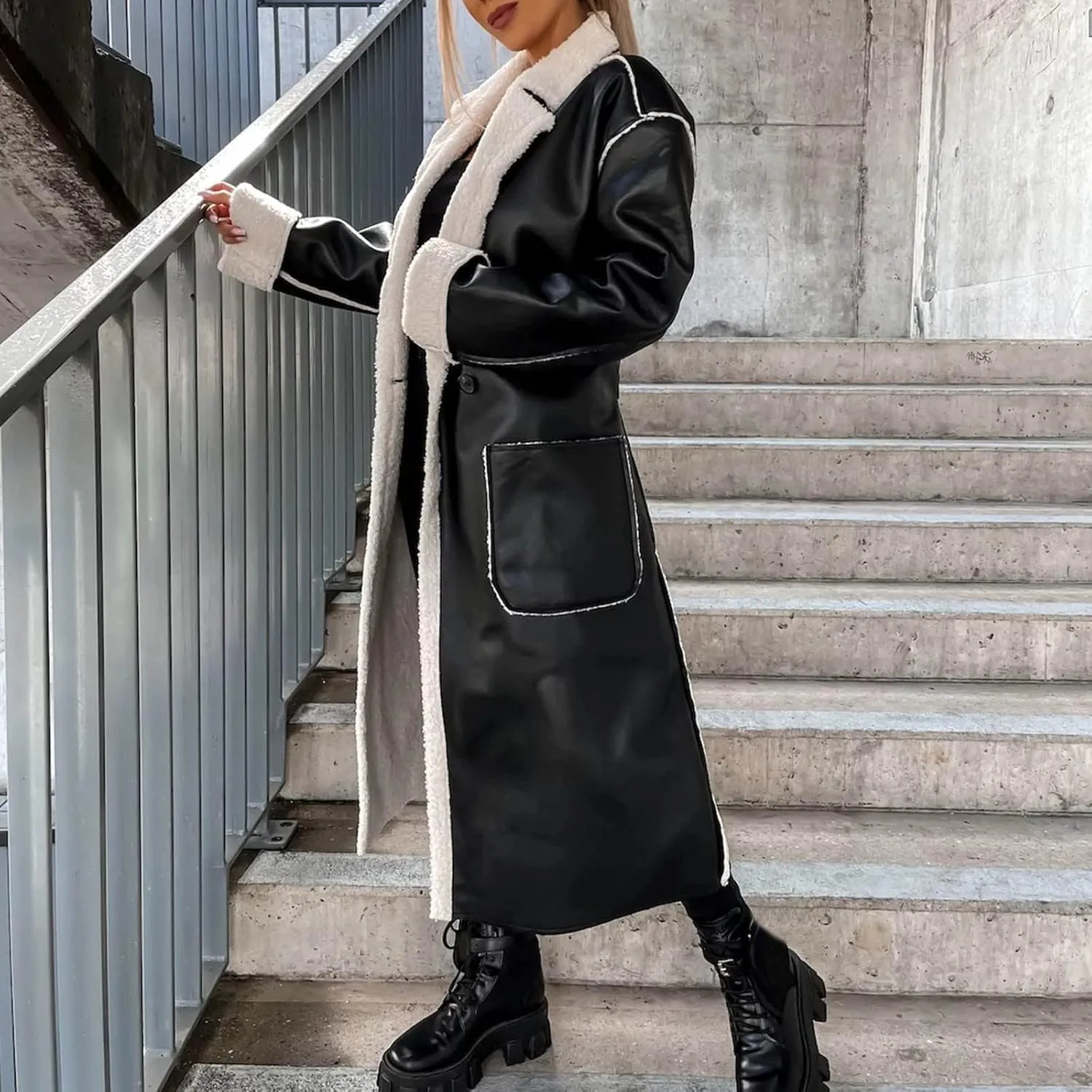 Women Faux Suede Long Trench Coats Fleece Padded Faux Leather Jackets Double-Breasted Warm Winter Long Sherpa Coats