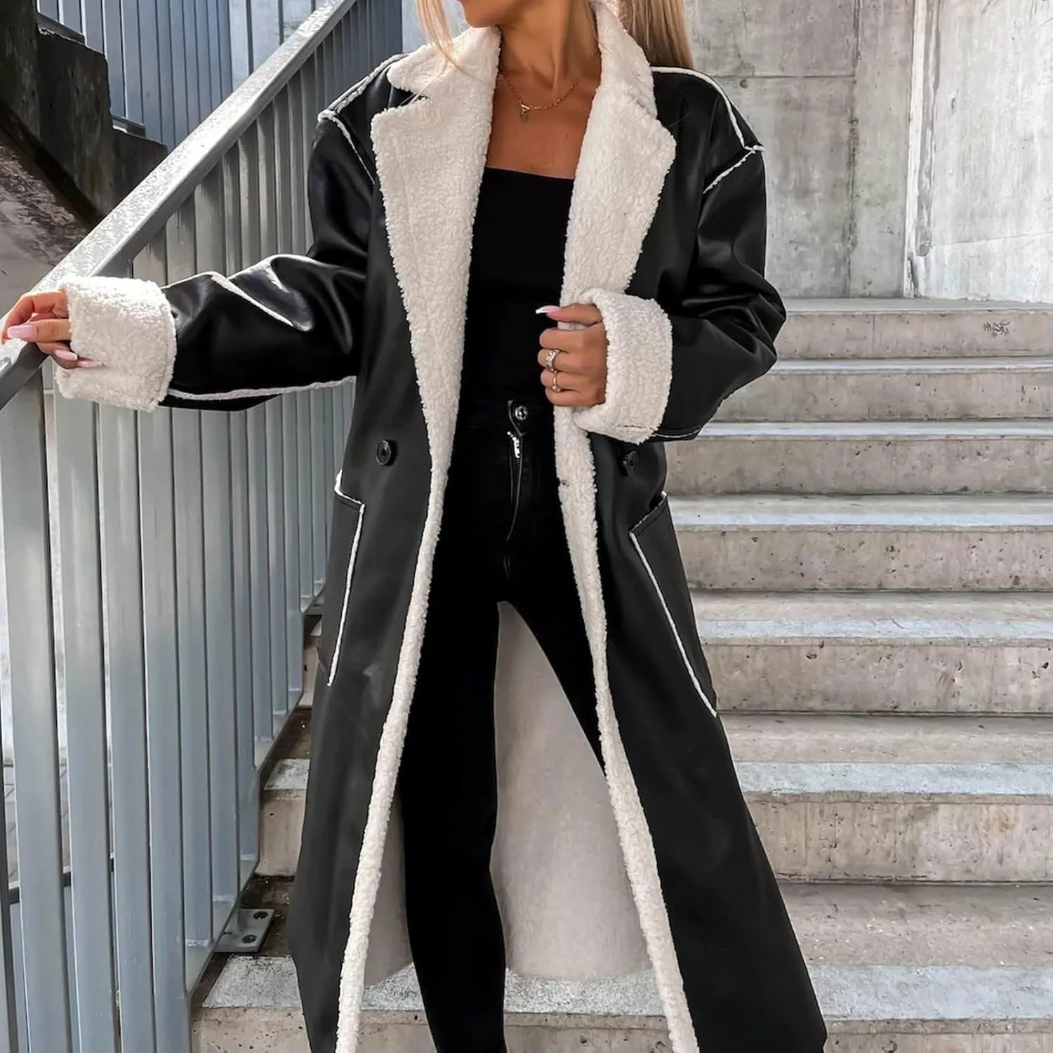 Women Faux Suede Long Trench Coats Fleece Padded Faux Leather Jackets Double-Breasted Warm Winter Long Sherpa Coats
