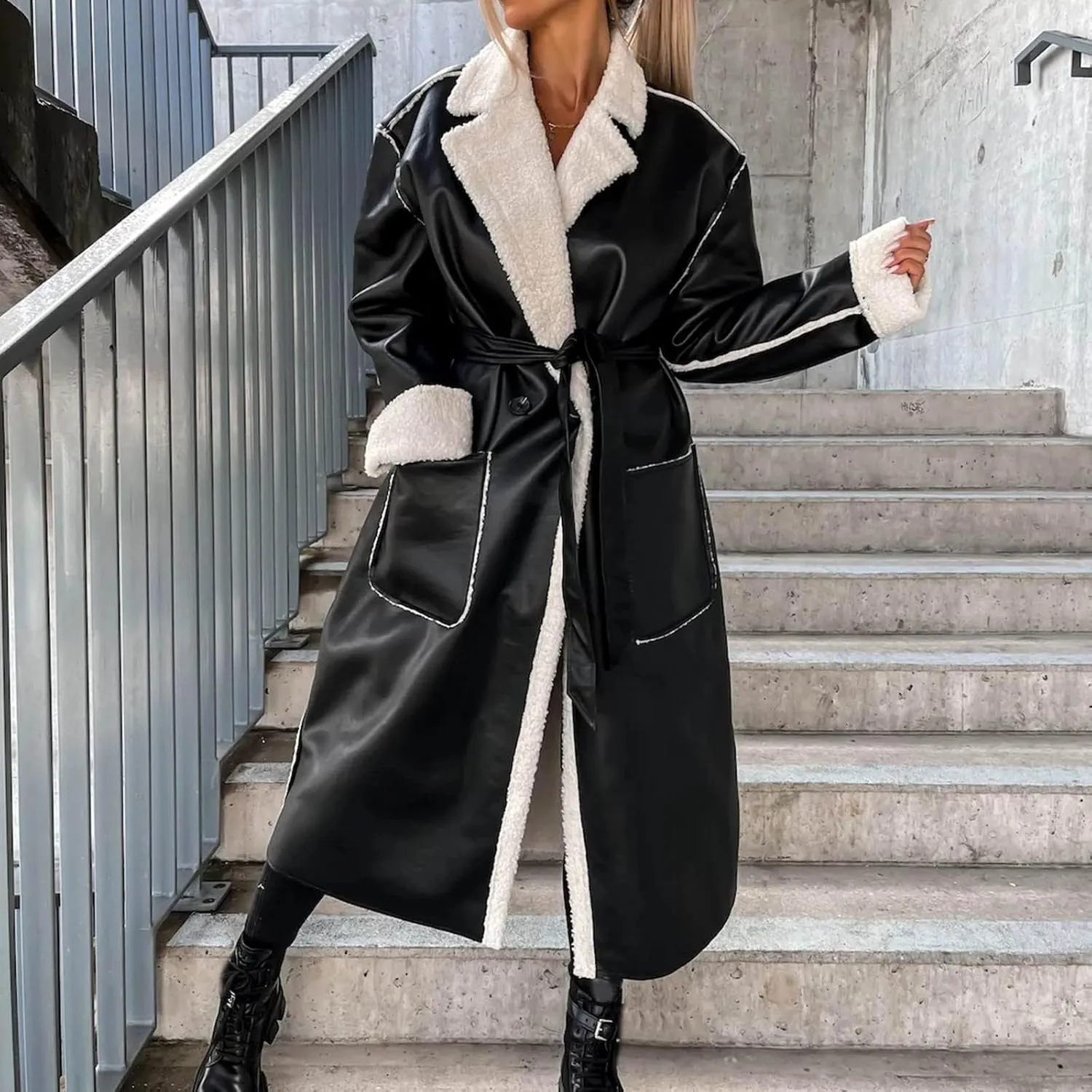 Women Faux Suede Long Trench Coats Fleece Padded Faux Leather Jackets Double-Breasted Warm Winter Long Sherpa Coats
