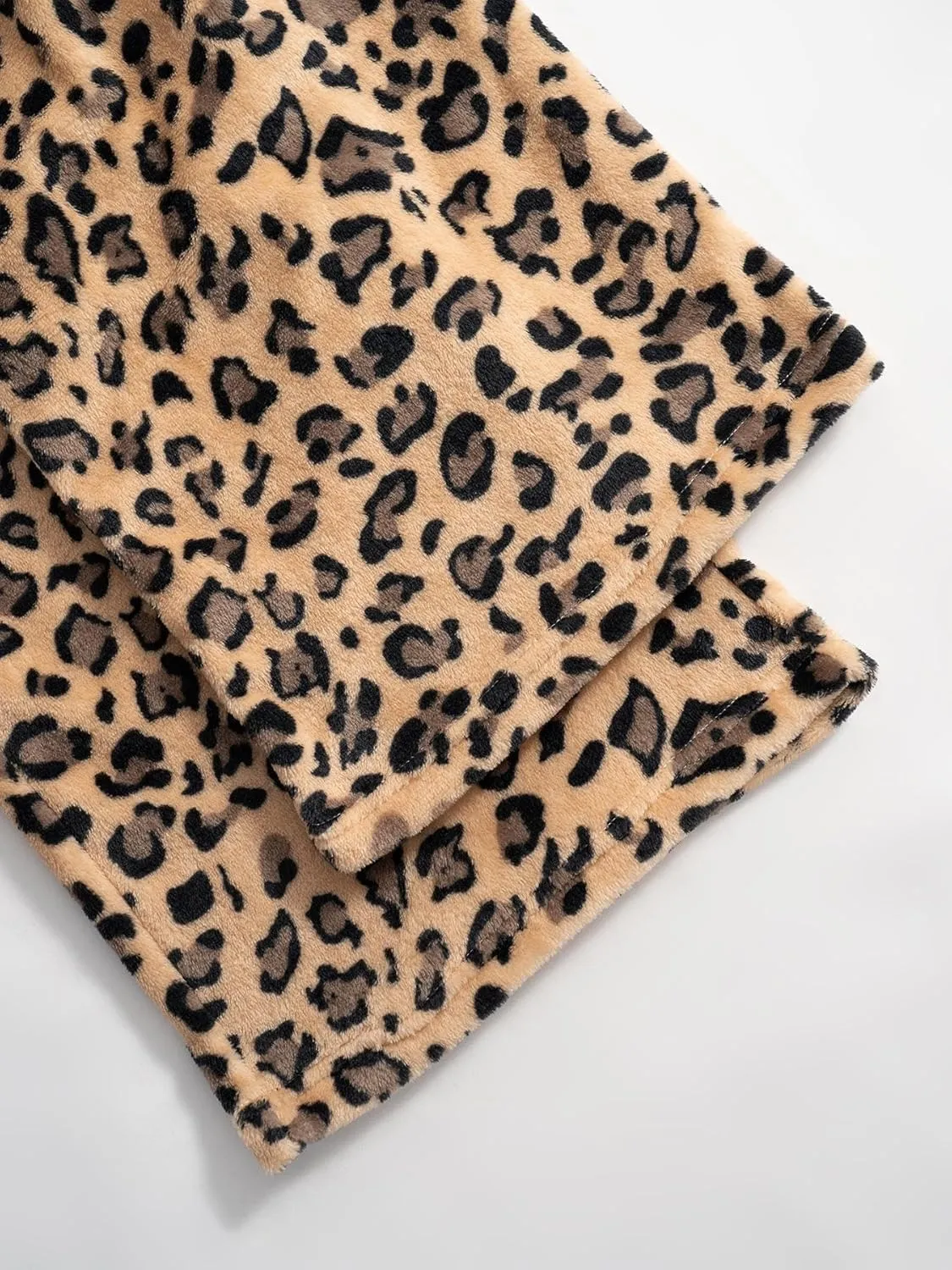 Women Leopard Print Fuzzy Pajama Pants Casual Cozy Drawstring Wide Leg Pants