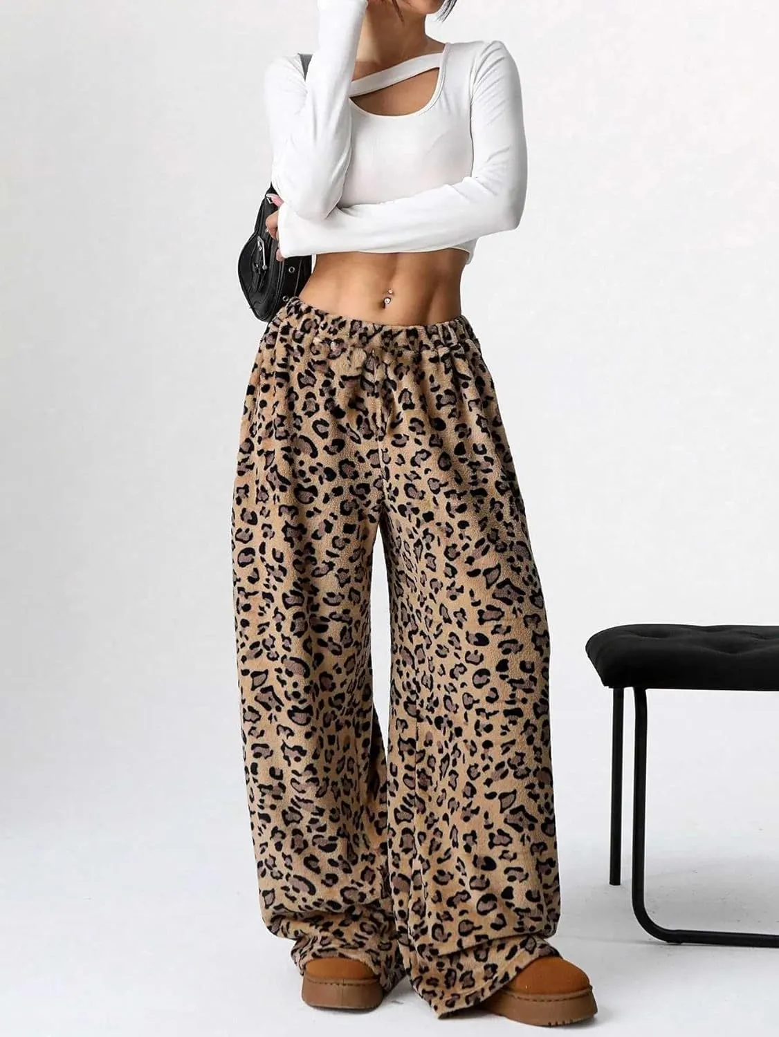 Women Leopard Print Fuzzy Pajama Pants Casual Cozy Drawstring Wide Leg Pants