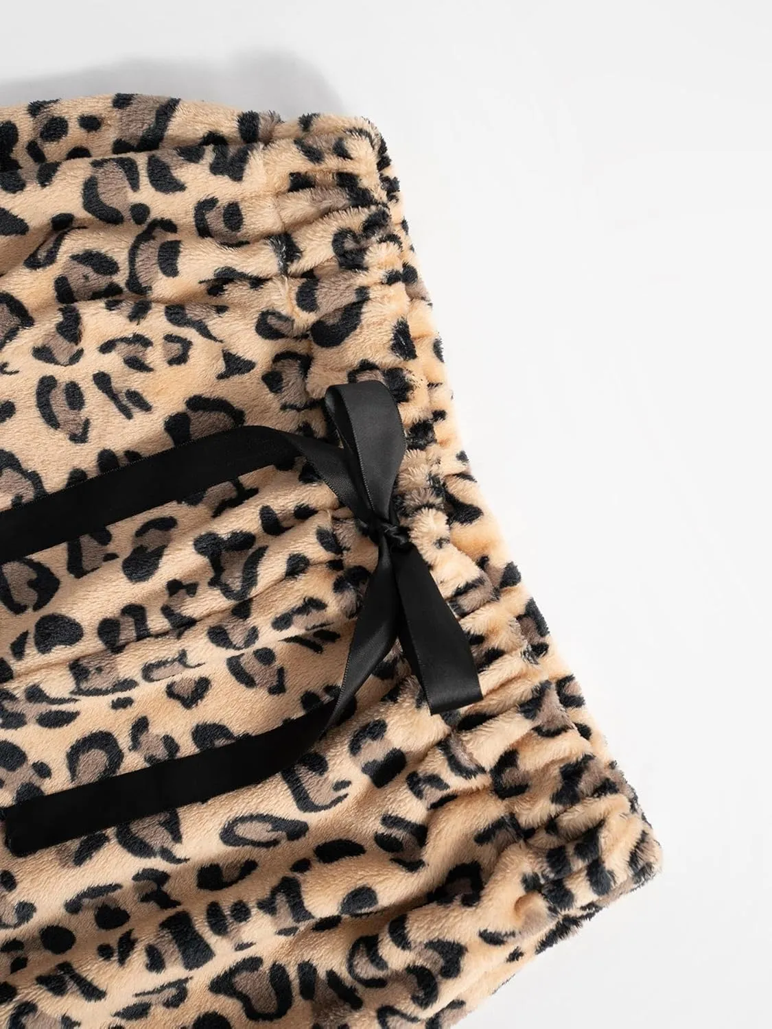 Women Leopard Print Fuzzy Pajama Pants Casual Cozy Drawstring Wide Leg Pants