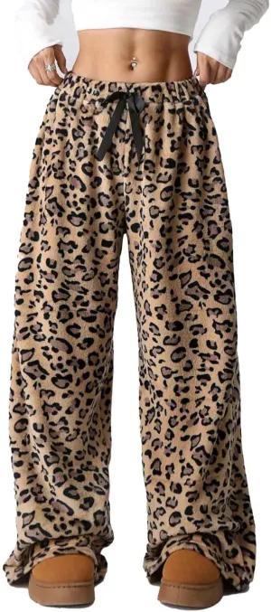 Women Leopard Print Fuzzy Pajama Pants Casual Cozy Drawstring Wide Leg Pants