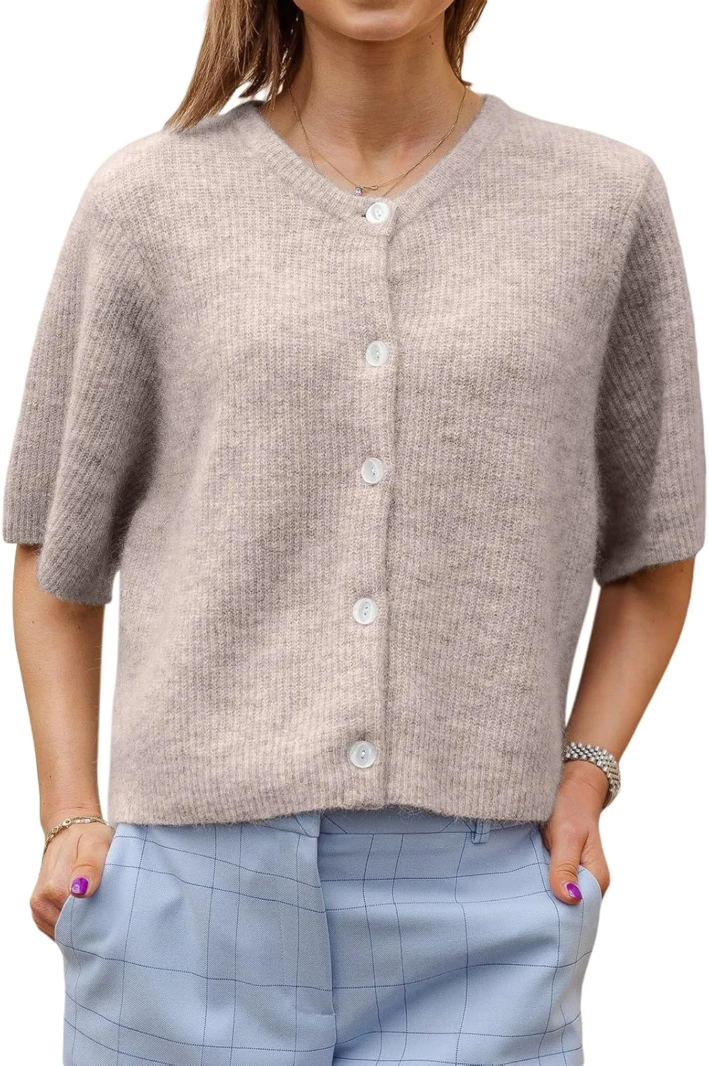 Women Lightweight Knitted Cropped Cardigan Shirt Short Sleeve Button Down Sweater Y2k Open Front Loose Ribbed Shirt