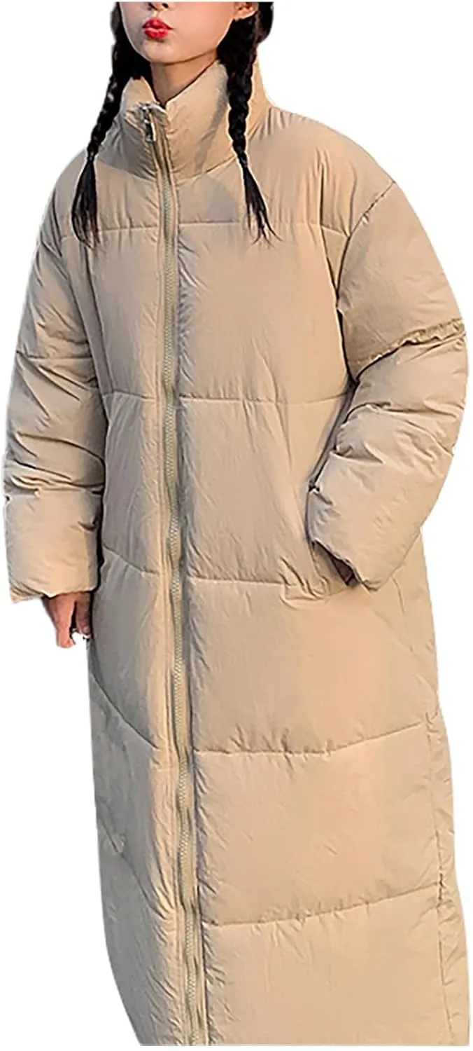 Women Long Winter Coat Warm Thickened Stand-Collar Hoodless Down Jacket Ankle-Length Puffer Coat Outwear With Pockets