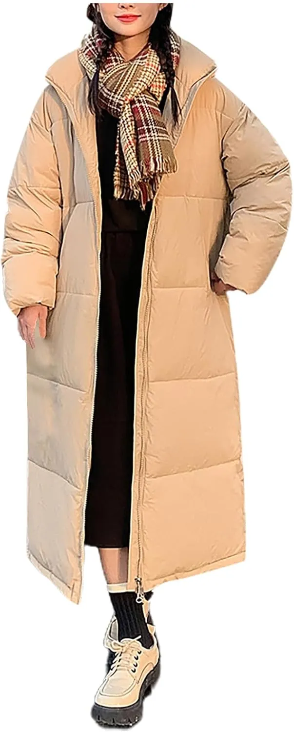 Women Long Winter Coat Warm Thickened Stand-Collar Hoodless Down Jacket Ankle-Length Puffer Coat Outwear With Pockets