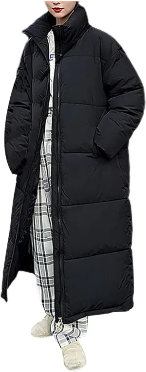 Women Long Winter Coat Warm Thickened Stand-Collar Hoodless Down Jacket Ankle-Length Puffer Coat Outwear With Pockets