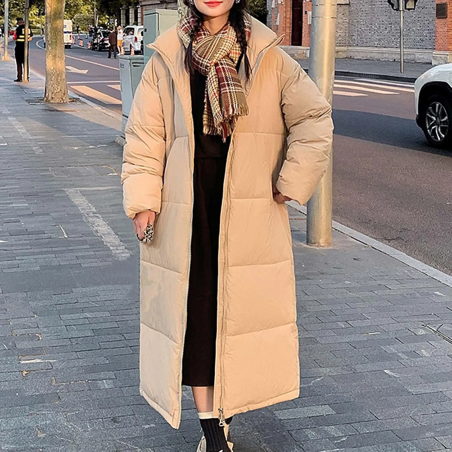 Women Long Winter Coat Warm Thickened Stand-Collar Hoodless Down Jacket Ankle-Length Puffer Coat Outwear With Pockets