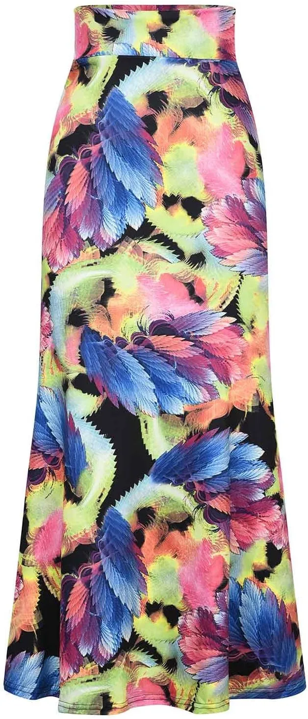 Women Maxi Skirt Ethnic Stripe Floral Skirt Fashion Slim Fit High Waist Elastic Wrap Hip Bodycon Midi Length Skort