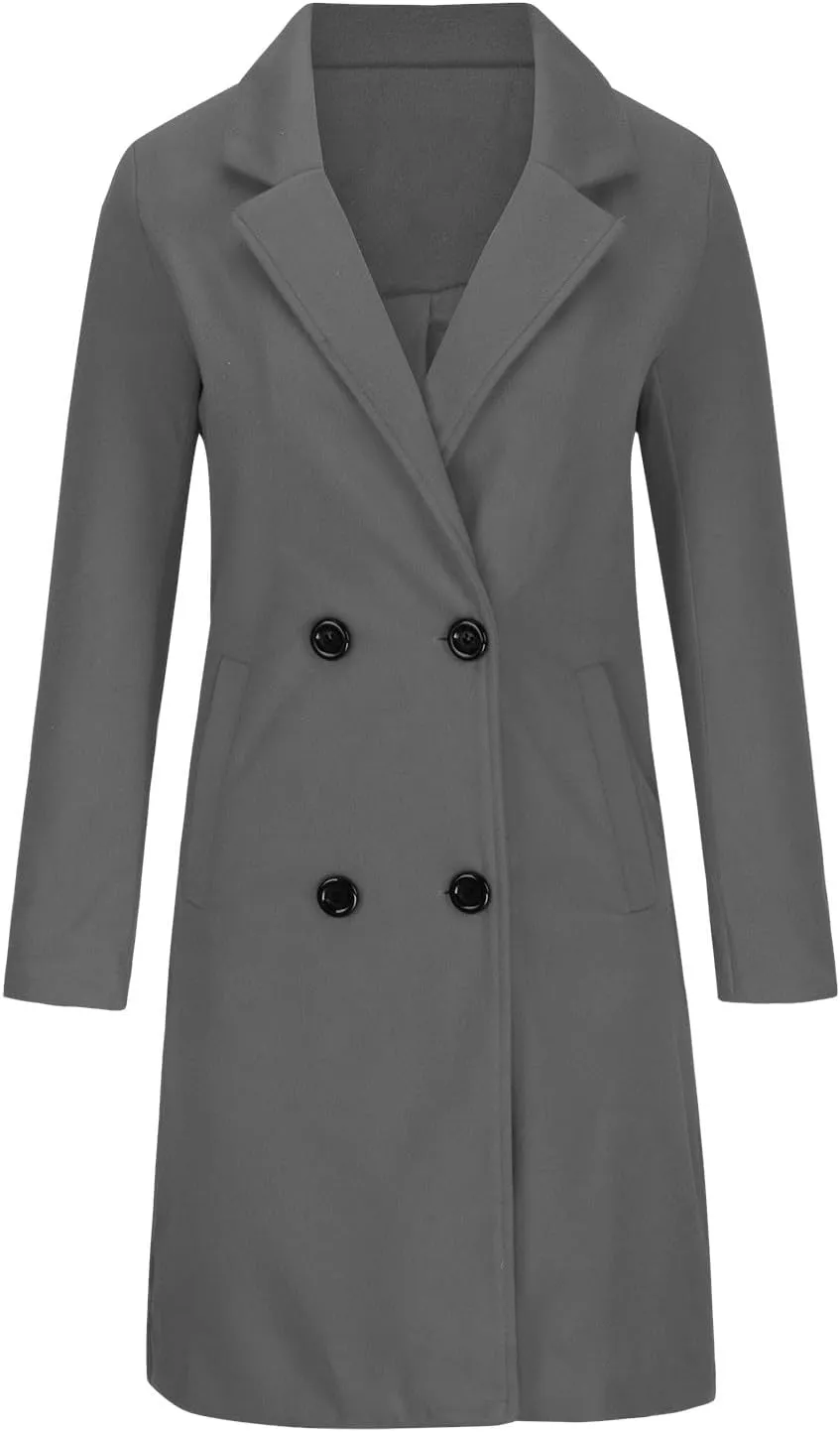 Women Notched Lapel Collar Pea Coat Double Breasted Loose Over Coats Long Sleeve Casual Fashion Jackets
