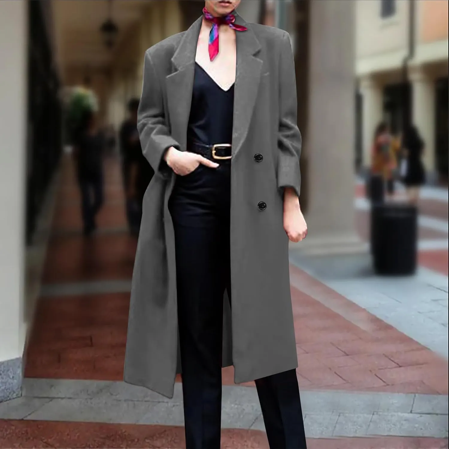 Women Notched Lapel Collar Pea Coat Double Breasted Loose Over Coats Long Sleeve Casual Fashion Jackets