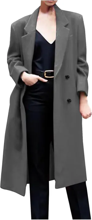 Women Notched Lapel Collar Pea Coat Double Breasted Loose Over Coats Long Sleeve Casual Fashion Jackets