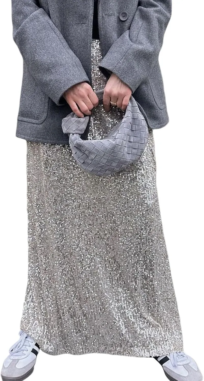 Women Sequin Midi Long Skirt Y2k Glitter Loose Pencil Maxi Skirt Sequins Low Waist Evening Party Sparkly Skirt