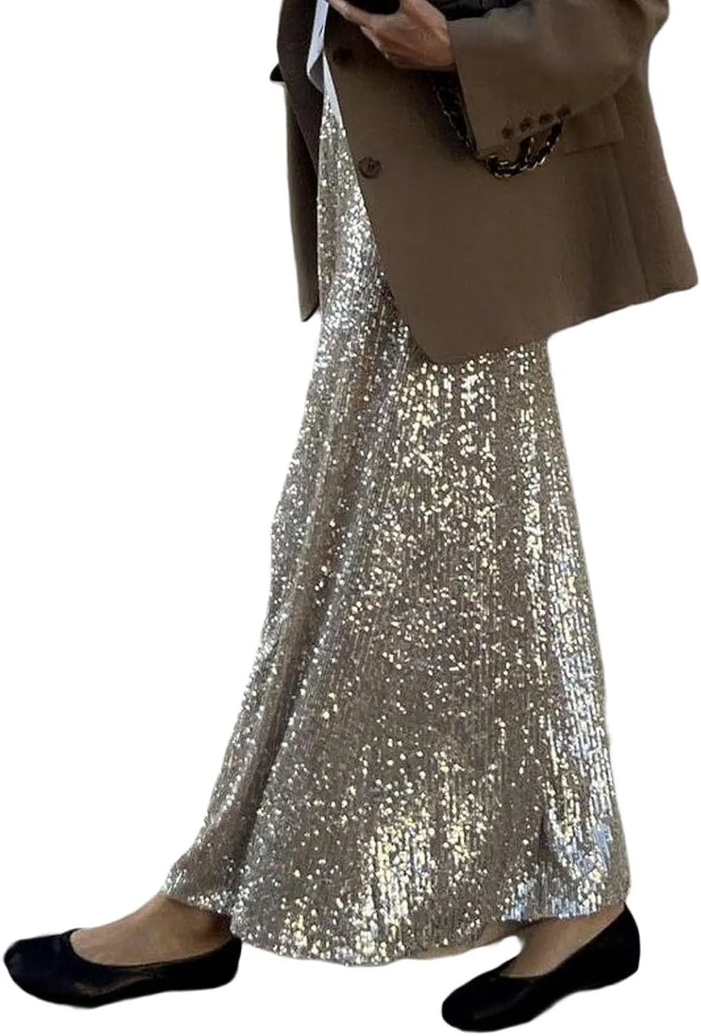 Women Sequin Midi Long Skirt Y2k Glitter Loose Pencil Maxi Skirt Sequins Low Waist Evening Party Sparkly Skirt