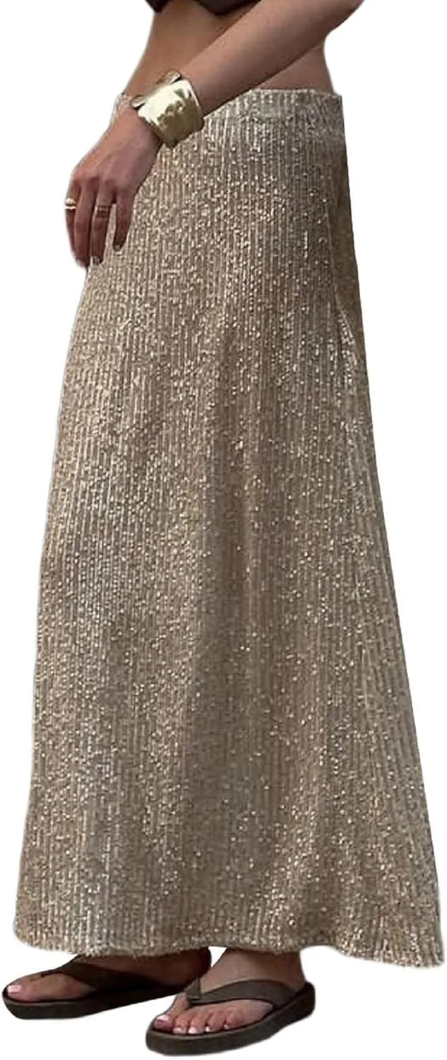 Women Sequin Midi Long Skirt Y2k Glitter Loose Pencil Maxi Skirt Sequins Low Waist Evening Party Sparkly Skirt