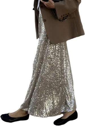 Women Sequin Midi Long Skirt Y2k Glitter Loose Pencil Maxi Skirt Sequins Low Waist Evening Party Sparkly Skirt
