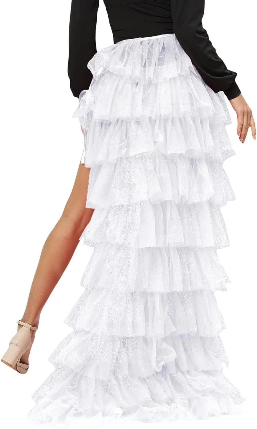 Women Sexy Tulle Tutu Long Skirt Fairycore Layered Ruffle Sheer Mesh Maxi Skirt High Split A Line Flowy Party Skirt