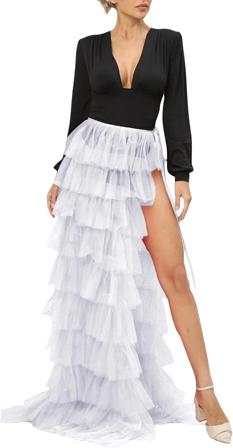 Women Sexy Tulle Tutu Long Skirt Fairycore Layered Ruffle Sheer Mesh Maxi Skirt High Split A Line Flowy Party Skirt