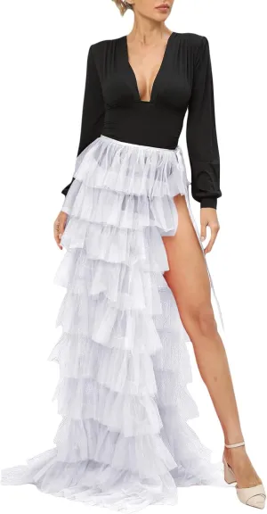 Women Sexy Tulle Tutu Long Skirt Fairycore Layered Ruffle Sheer Mesh Maxi Skirt High Split A Line Flowy Party Skirt
