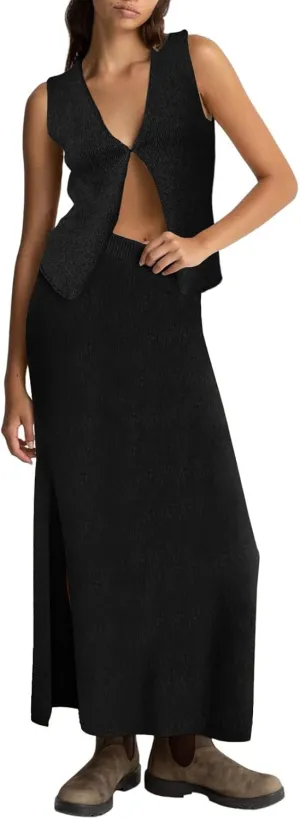 Women Summer 2 Piece Skirt Outfit V Neck Button Tank Top Vest Bodycon Knit Maxi Long Skirt Set Waffle Dress Suit
