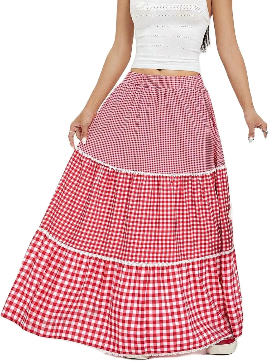 Women Summer Boho Plaid Maxi Skirt Elastic Waist Flowy A-Line Tiered Long Beach Skirt Y2k Bohemian Gingham Skirt