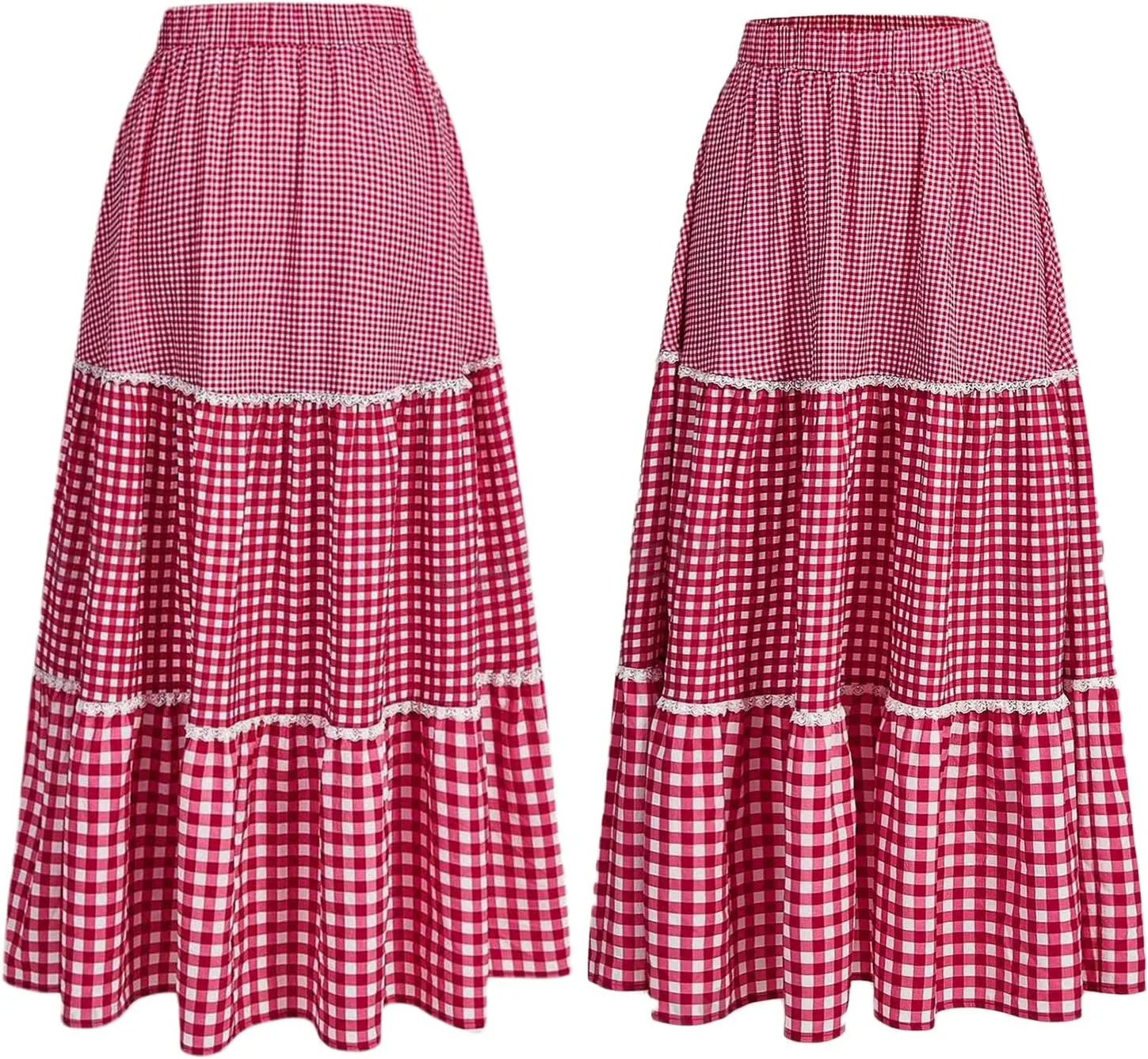Women Summer Boho Plaid Maxi Skirt Elastic Waist Flowy A-Line Tiered Long Beach Skirt Y2k Bohemian Gingham Skirt